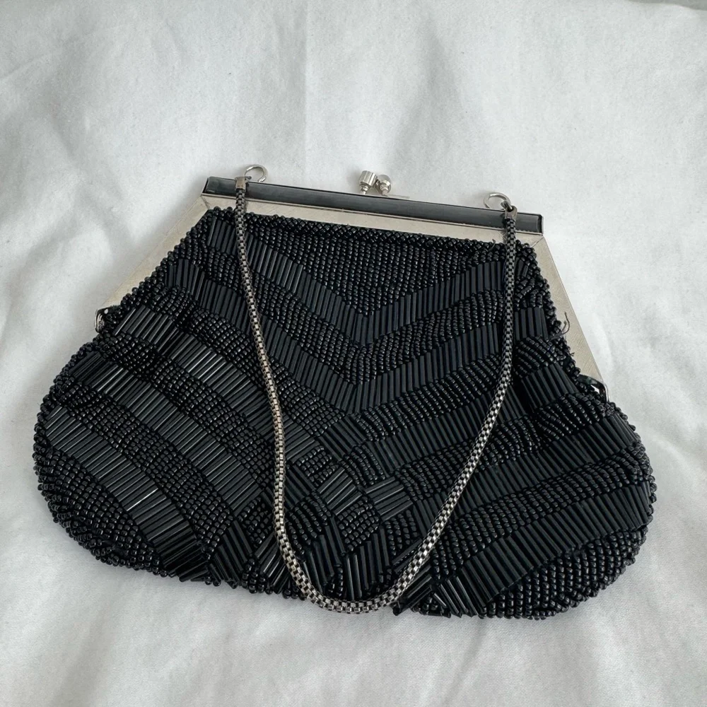 Vintage Fancy Mini Purse Beaded Clutch Black Silver 60's 70's